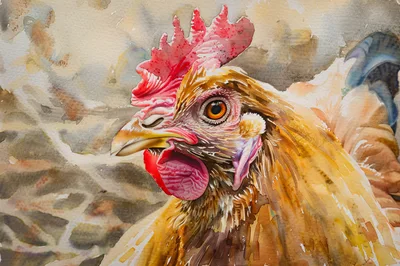Watercolor Painting Of A Golden Rooster Head