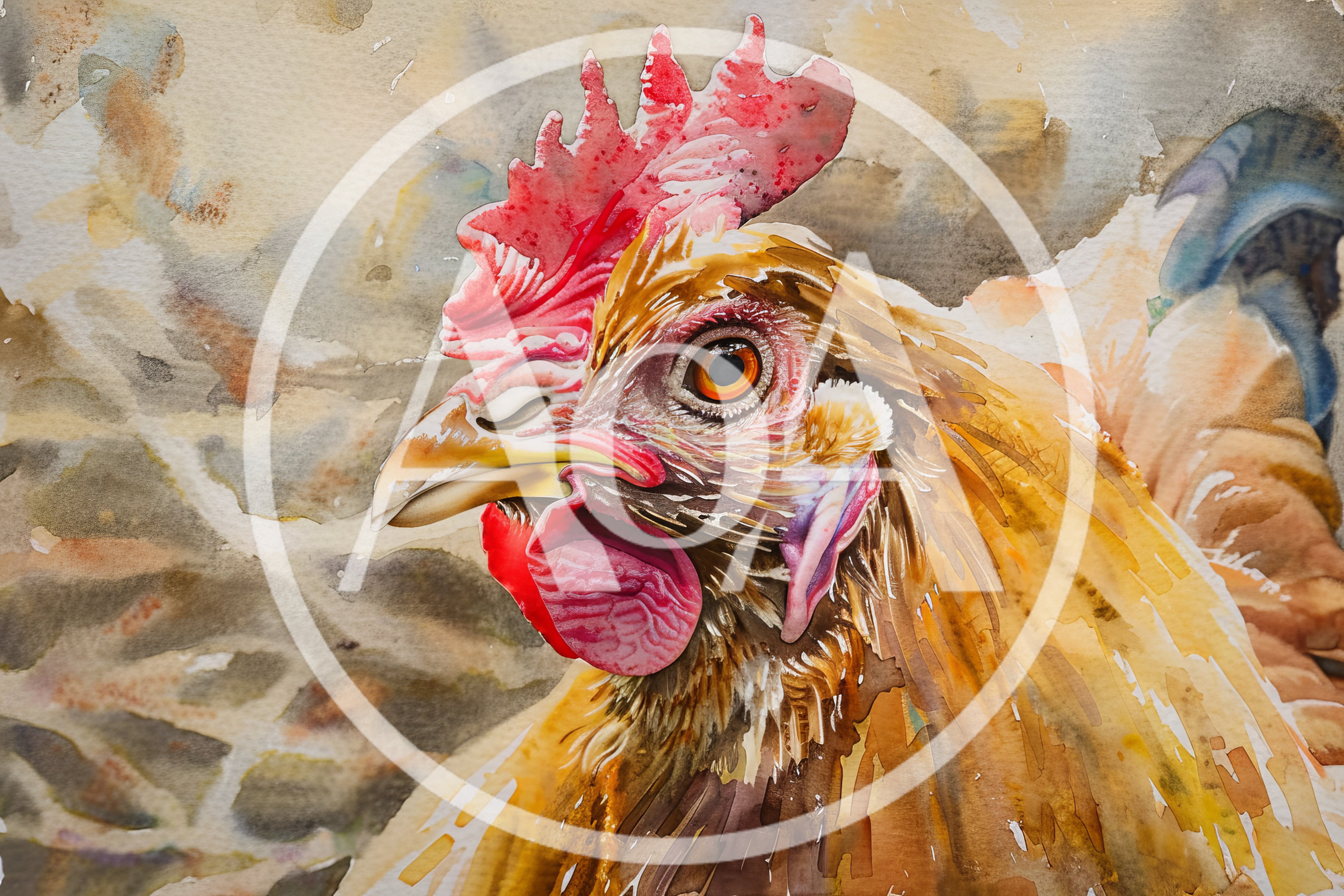 Watercolor Painting Of A Golden Rooster Head