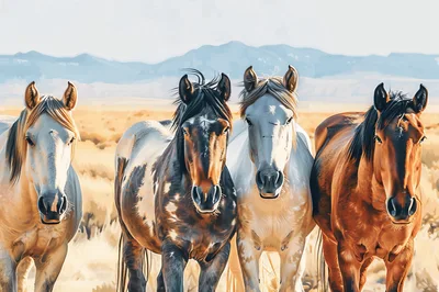 Four Wild Horses Standing Together In A Meadow