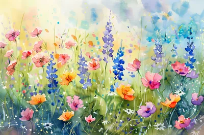 Watercolor Painting Of A Vibrant Wildflower Meadow