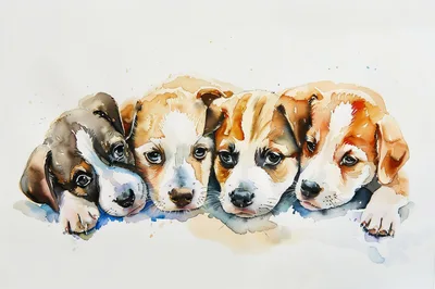 Watercolor Illustration Of Four Cute Puppy Faces