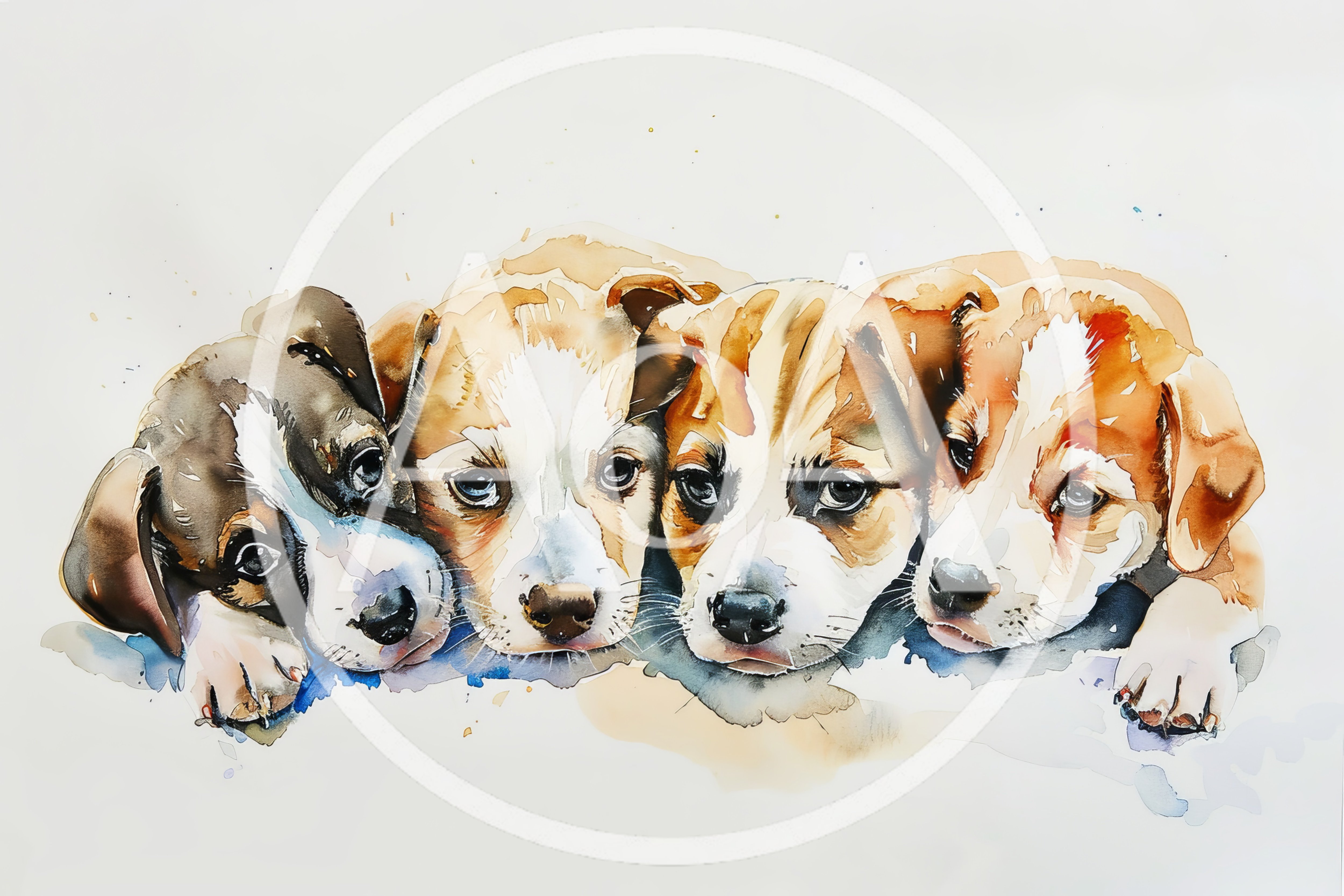 Watercolor Illustration Of Four Cute Puppy Faces