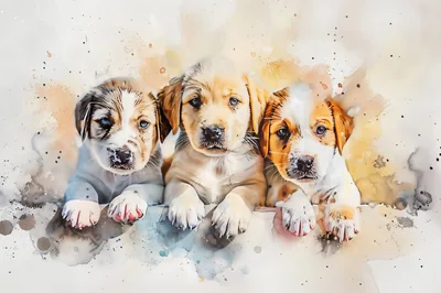 Three Adorable Puppies In Watercolor Art Style