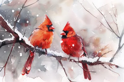 Two Northern Cardinals Perched On A Snowy Branch