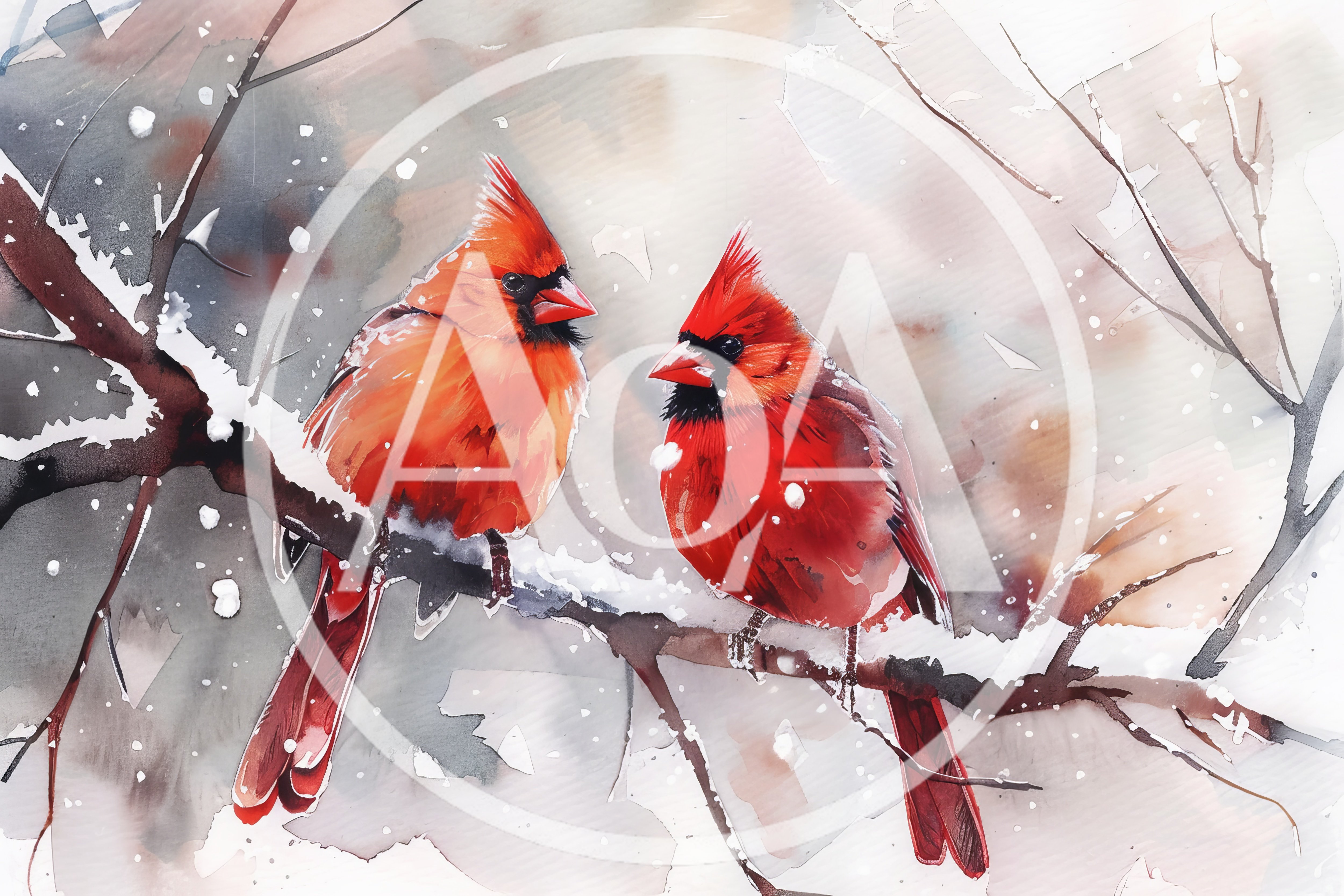Two Northern Cardinals Perched On A Snowy Branch