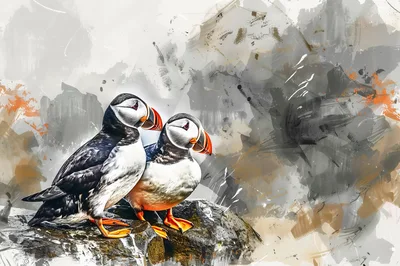 Two Atlantic Puffins Perched On A Rocky Cliff