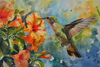 Watercolor Painting Of A Hummingbird Feeding On Hibiscus Flowers