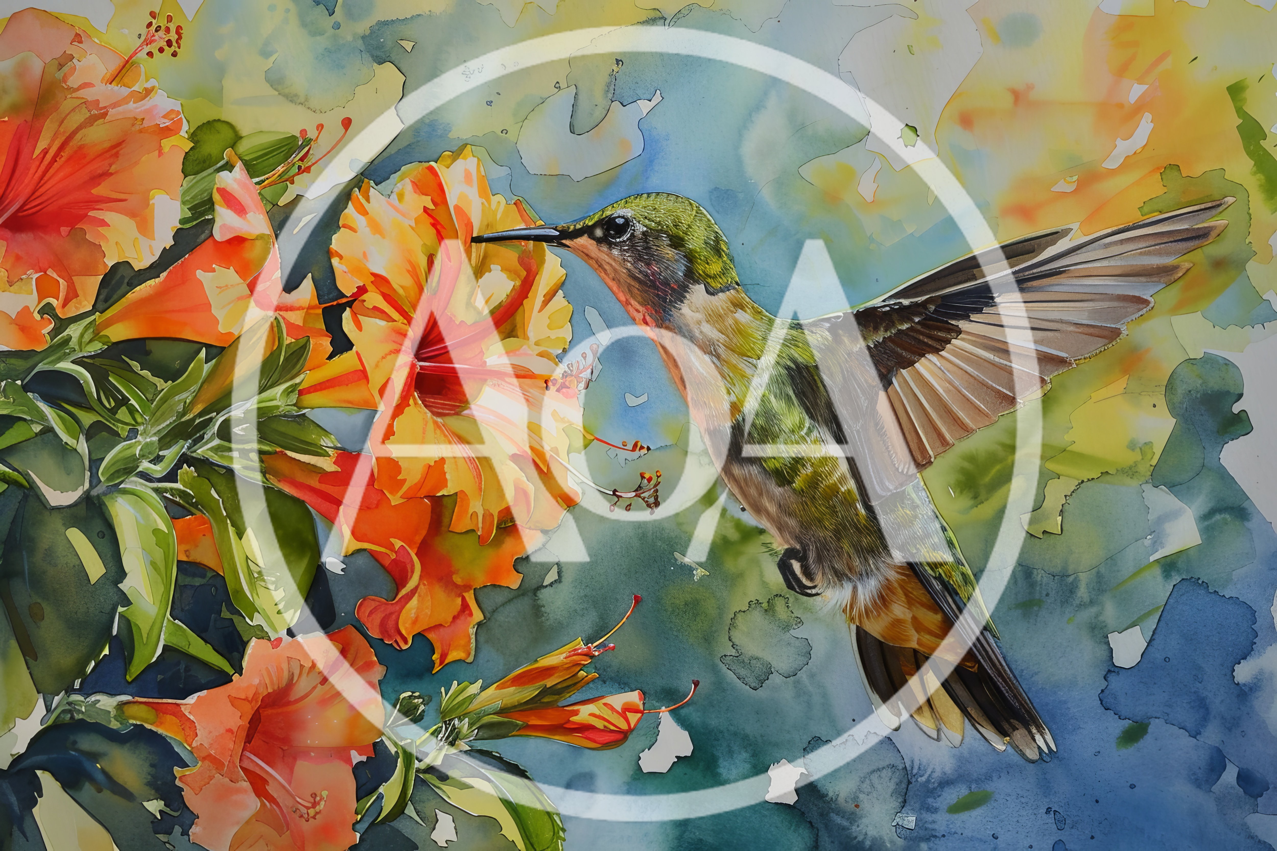 Watercolor Painting Of A Hummingbird Feeding On Hibiscus Flowers