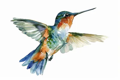 Watercolor Illustration Of A Vibrant Hummingbird In Flight