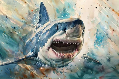 Watercolor Painting Of A Great White Shark
