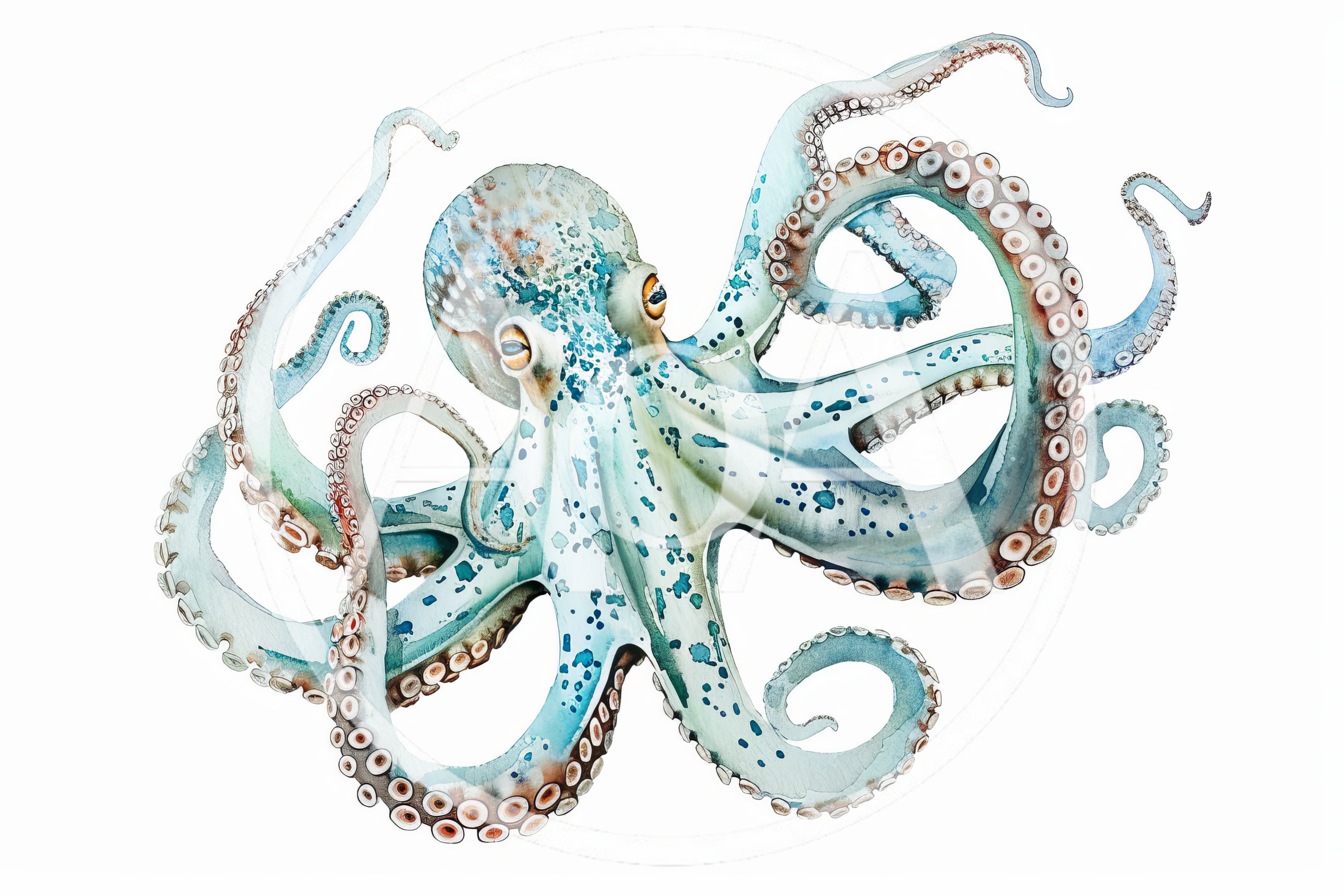 Watercolor Illustration Of A Blue Octopus