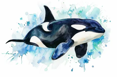 Watercolor Illustration Of A Swimming Orca Whale
