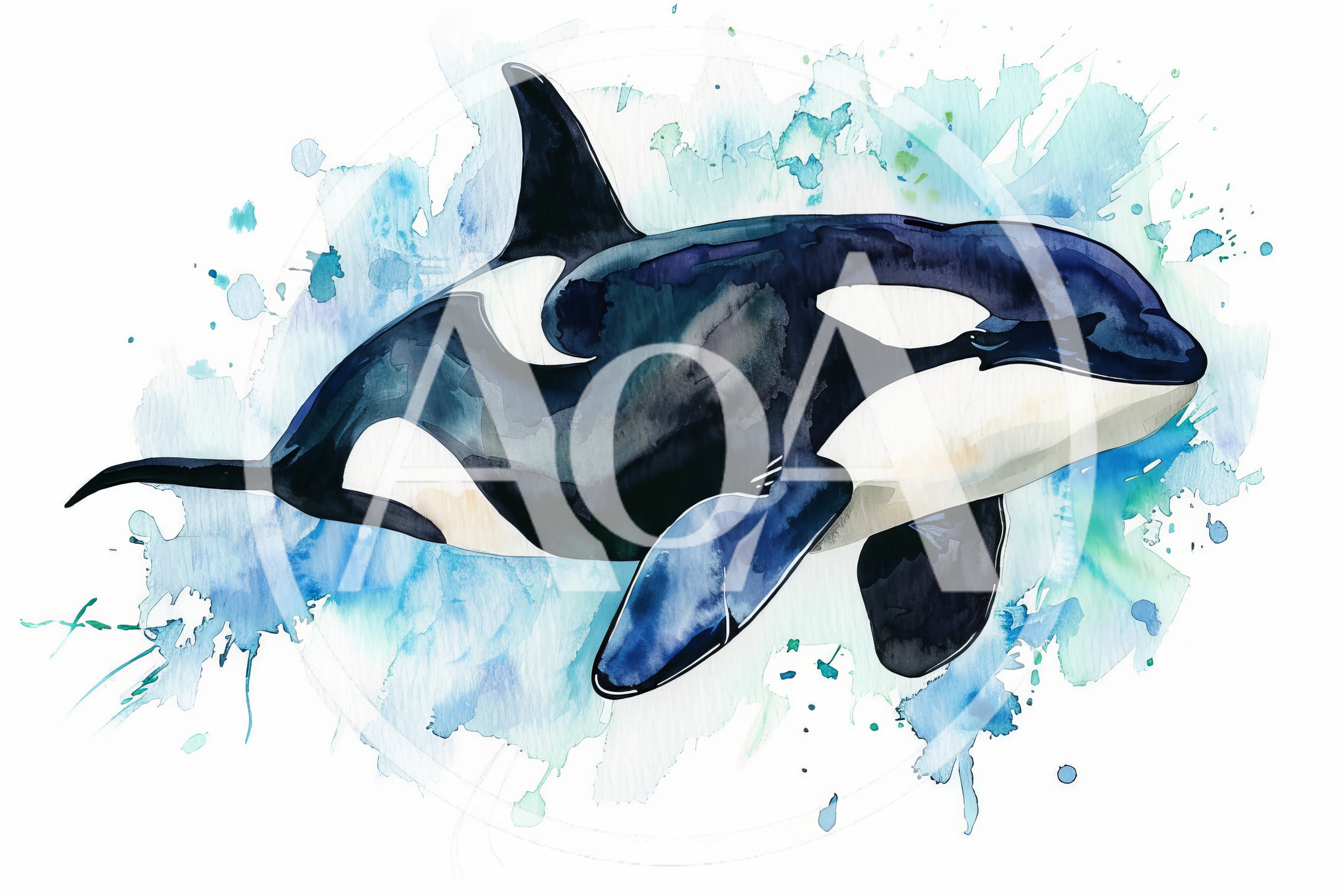 Watercolor Illustration Of A Swimming Orca Whale
