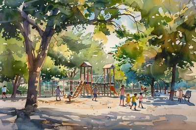 Children Playing At A Sunny Park Playground