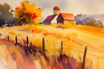 Watercolor Painting of a Rural Farm Landscape