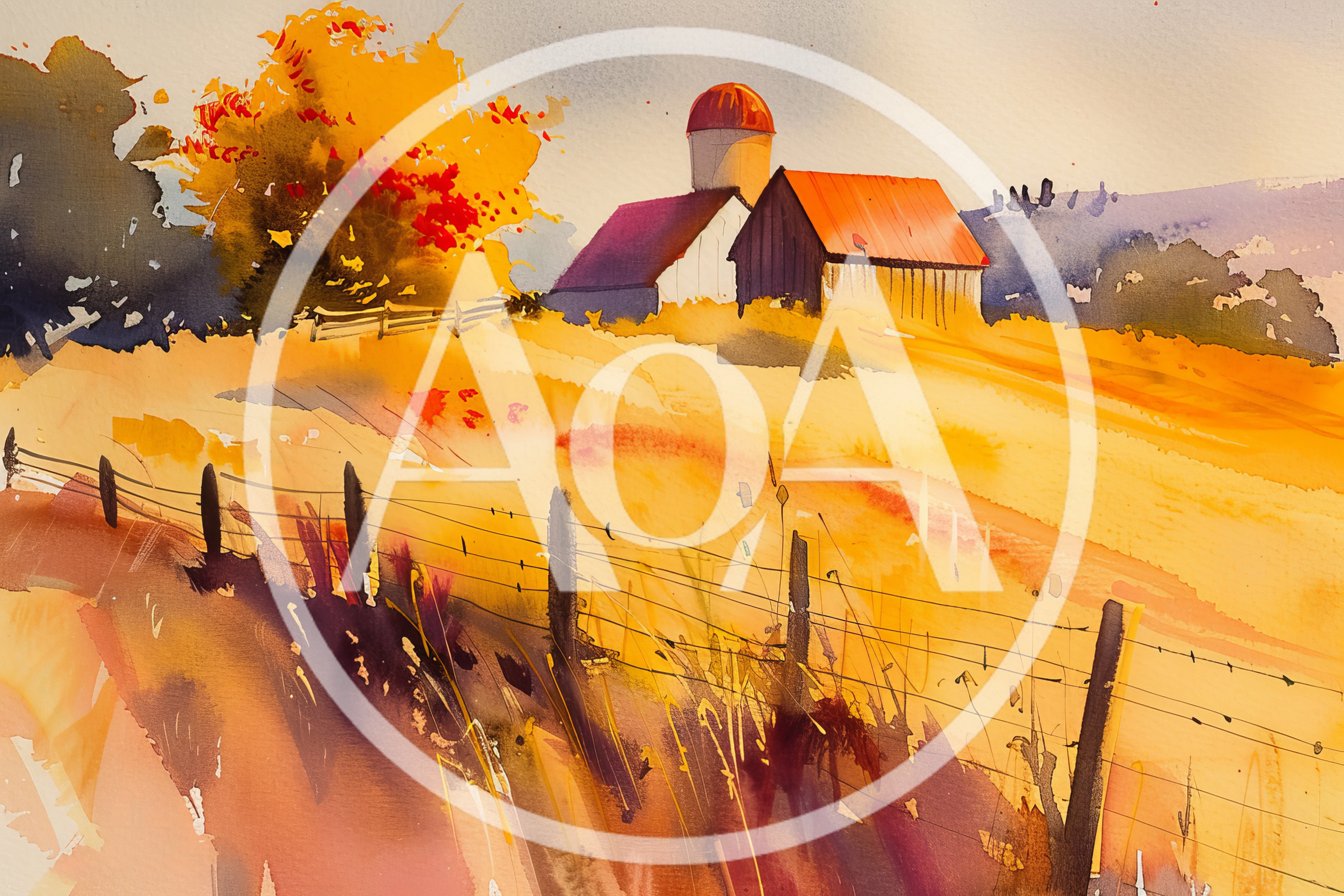 Watercolor Painting of a Rural Farm Landscape