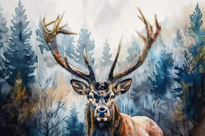 Majestic Elk Portrait In A Misty Forest Watercolor