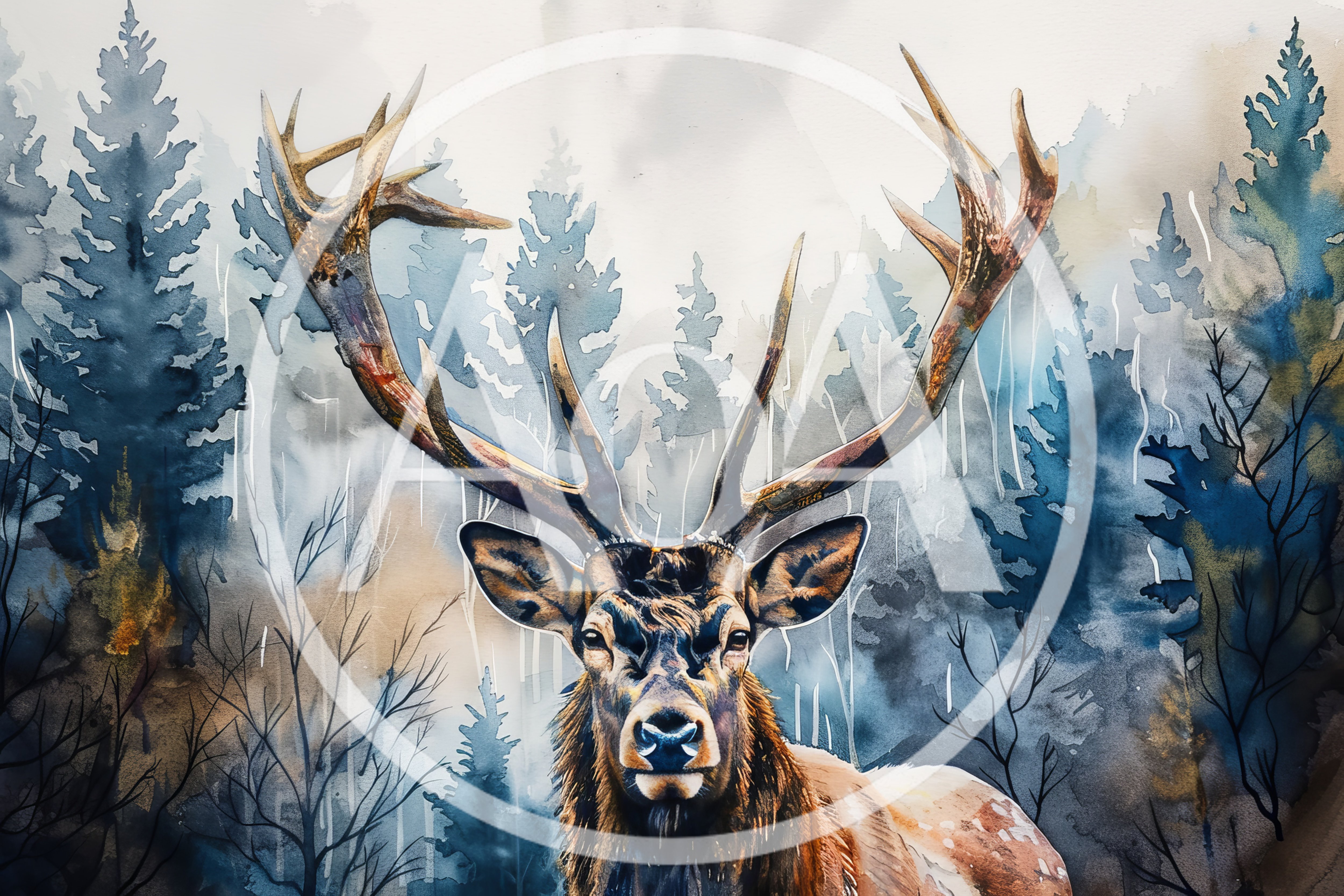 Majestic Elk Portrait In A Misty Forest Watercolor