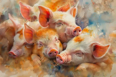 Artistic Watercolor Illustration Of Sleeping Piglets