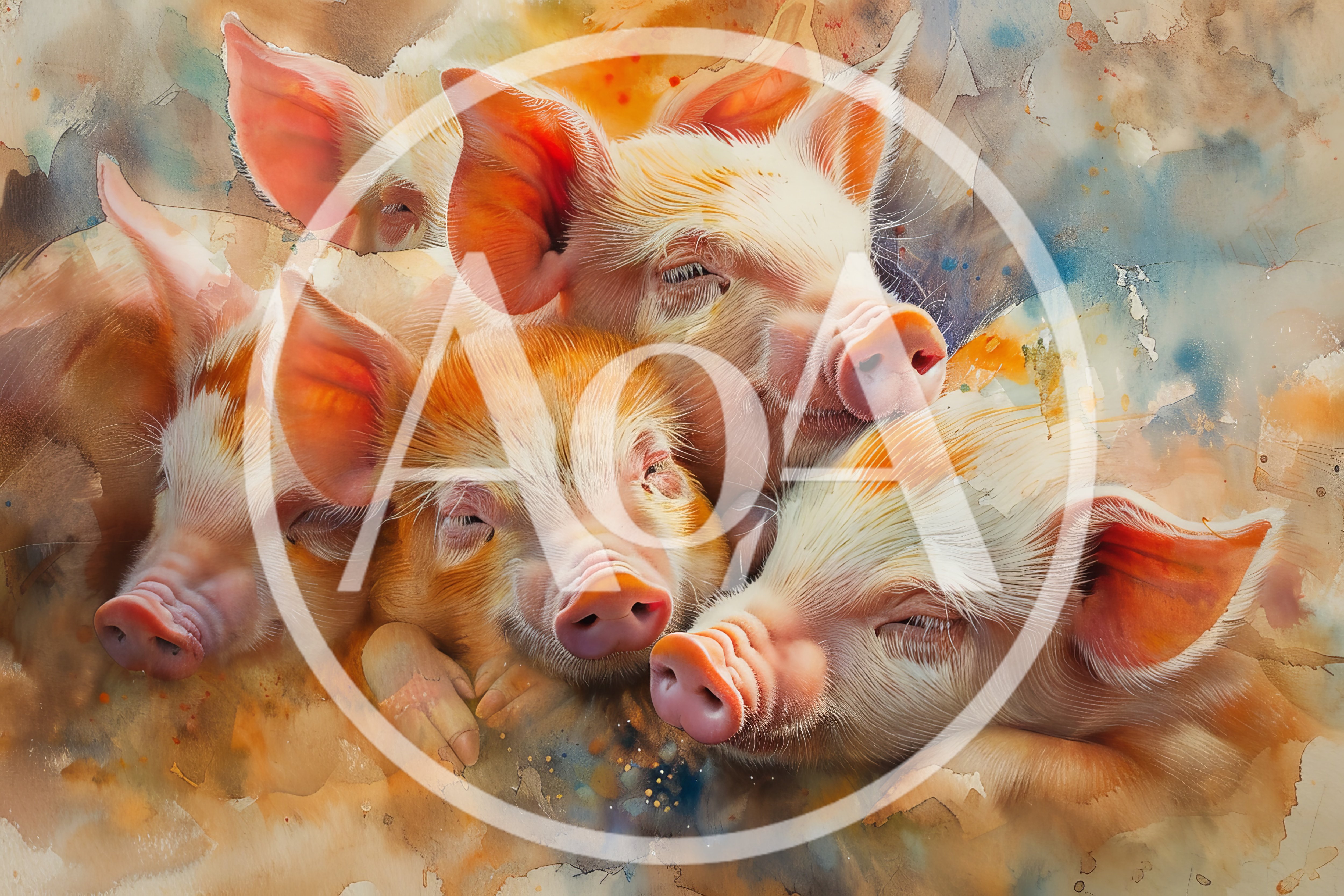 Artistic Watercolor Illustration Of Sleeping Piglets