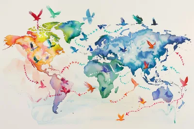 Watercolor World Map With Migrating Birds Illustration
