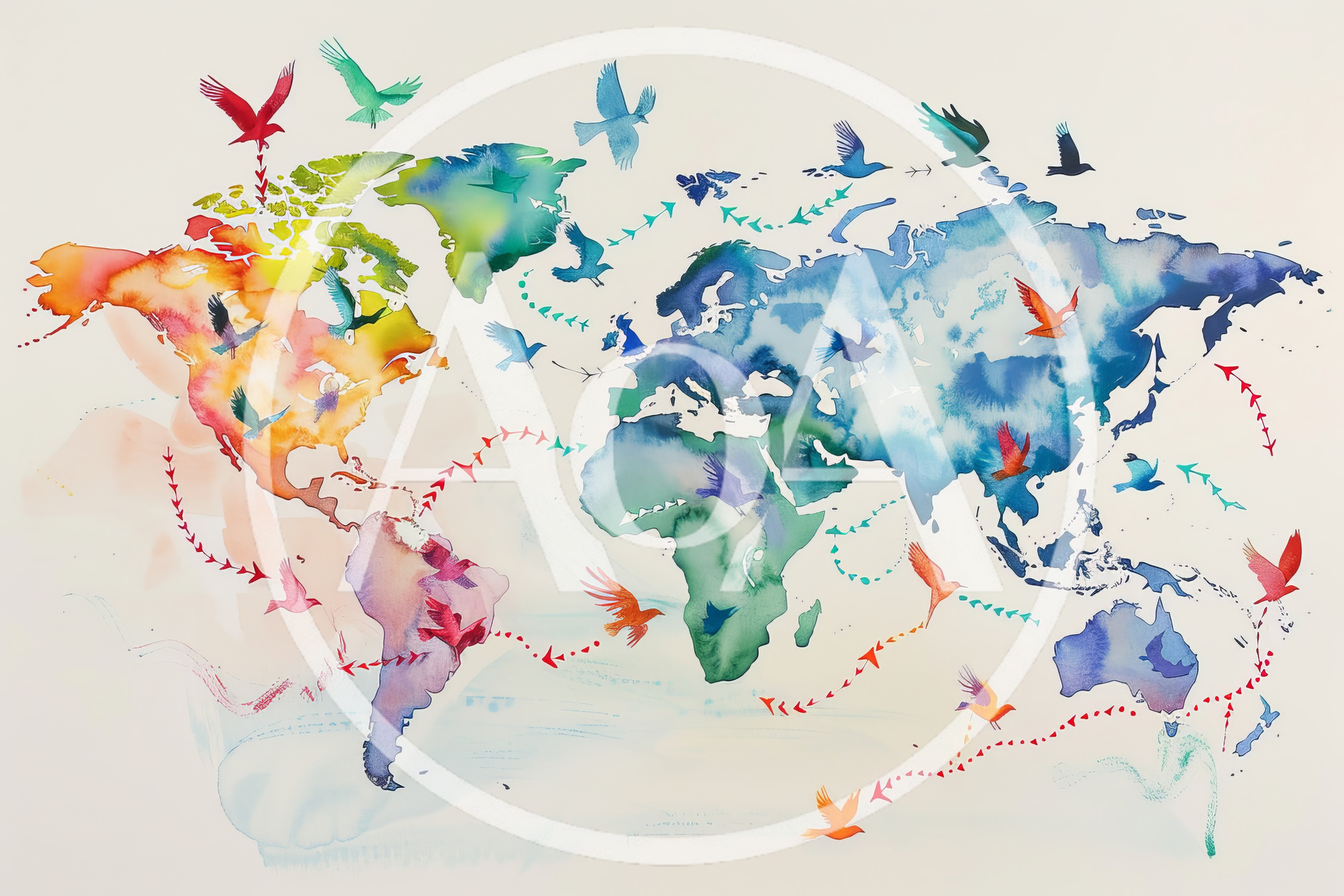 Watercolor World Map With Migrating Birds Illustration