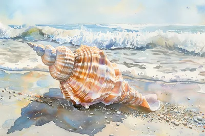 Watercolor Painting Of A Large Seashell On The Beach