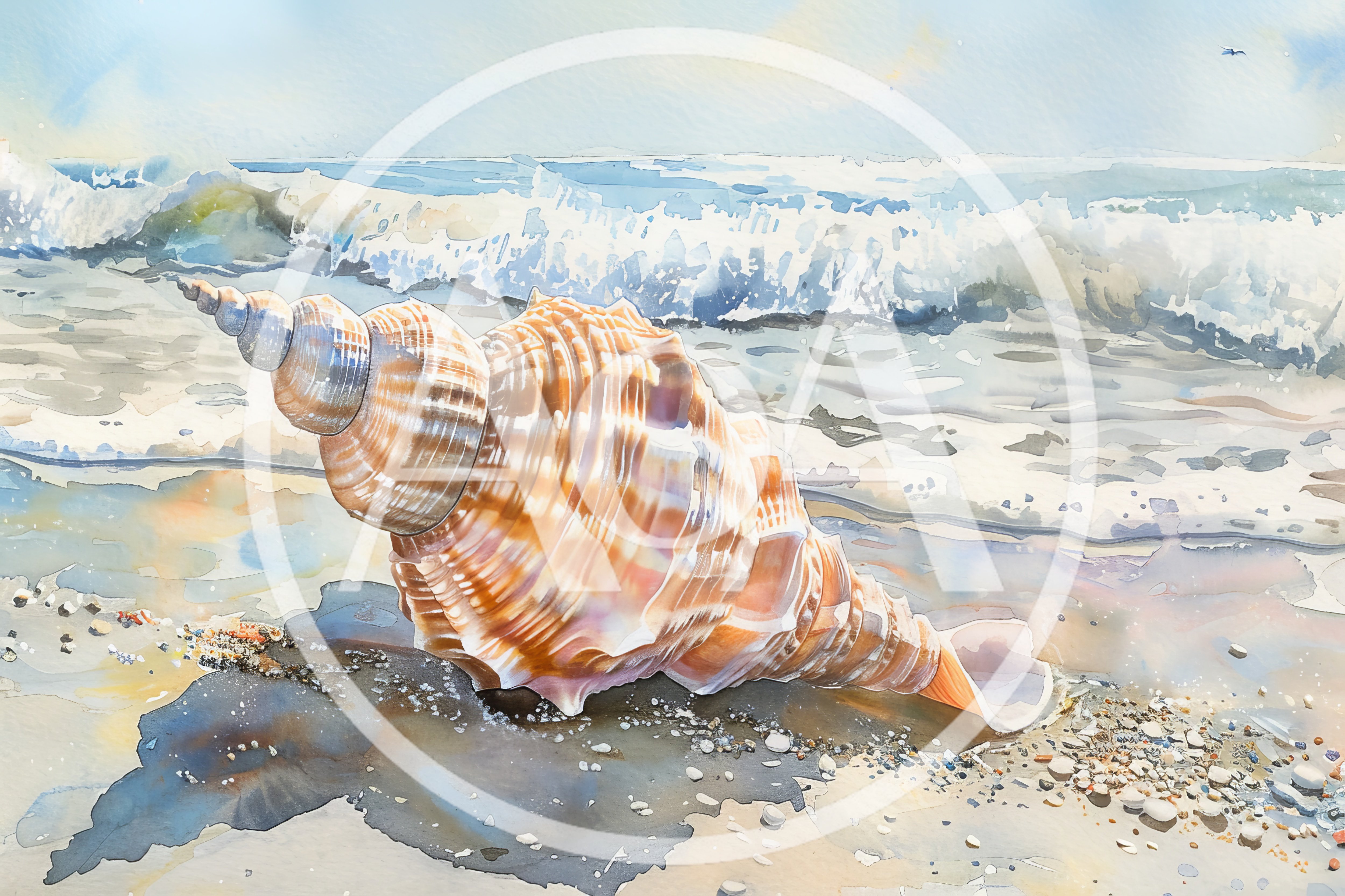 Watercolor Painting Of A Large Seashell On The Beach