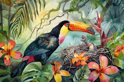 Toucan Mother Feeding Chicks in Tropical Jungle Nest