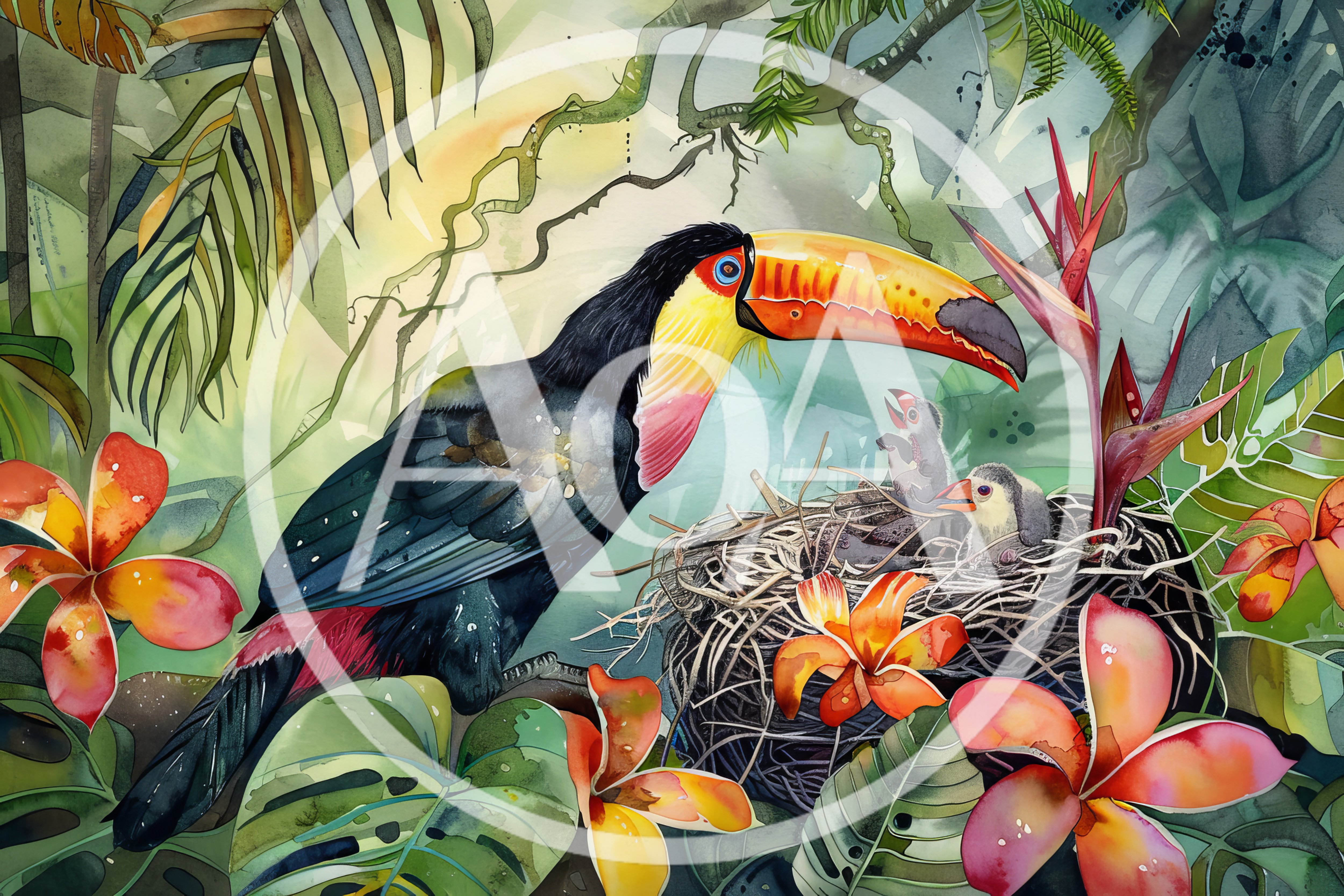 Toucan Mother Feeding Chicks in Tropical Jungle Nest