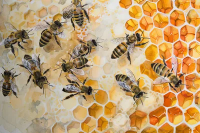 Watercolor Illustration of Honey Bees on Honeycomb