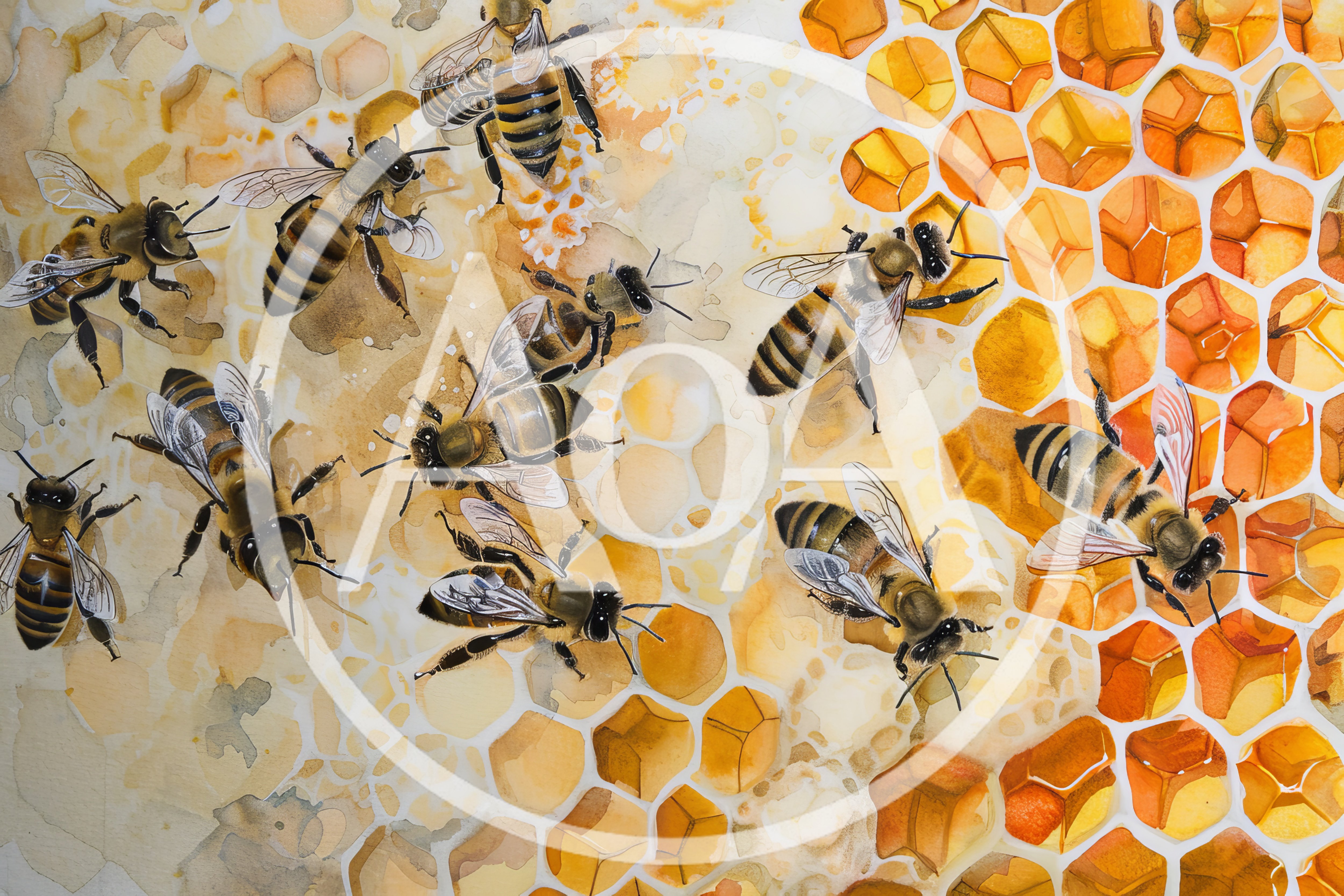 Watercolor Illustration of Honey Bees on Honeycomb