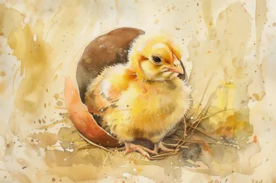 Watercolor Illustration Of A Baby Chick Hatching