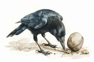 Watercolor Illustration Of A Crow Eating A Nut