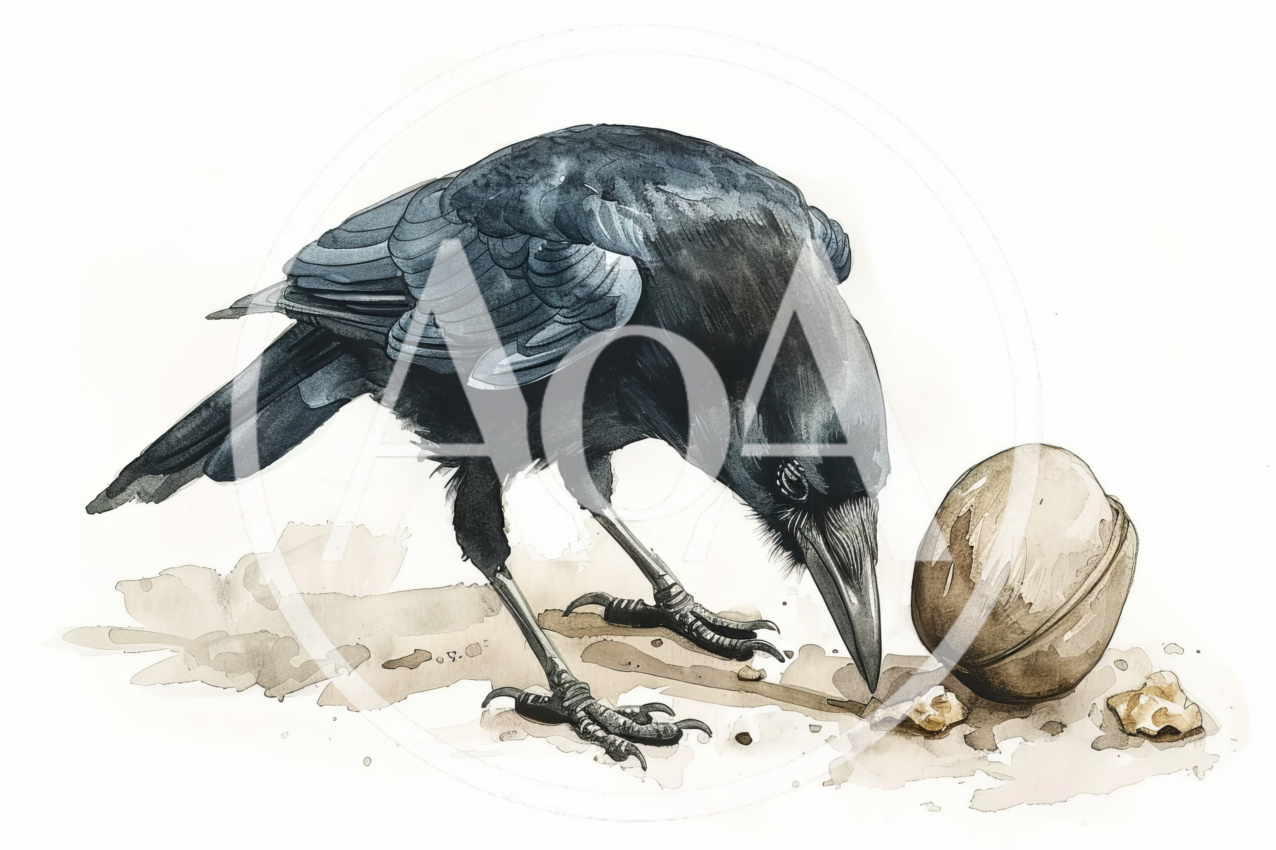 Watercolor Illustration Of A Crow Eating A Nut