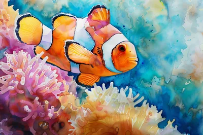 Watercolor Illustration Of A Clownfish In Coral Reef