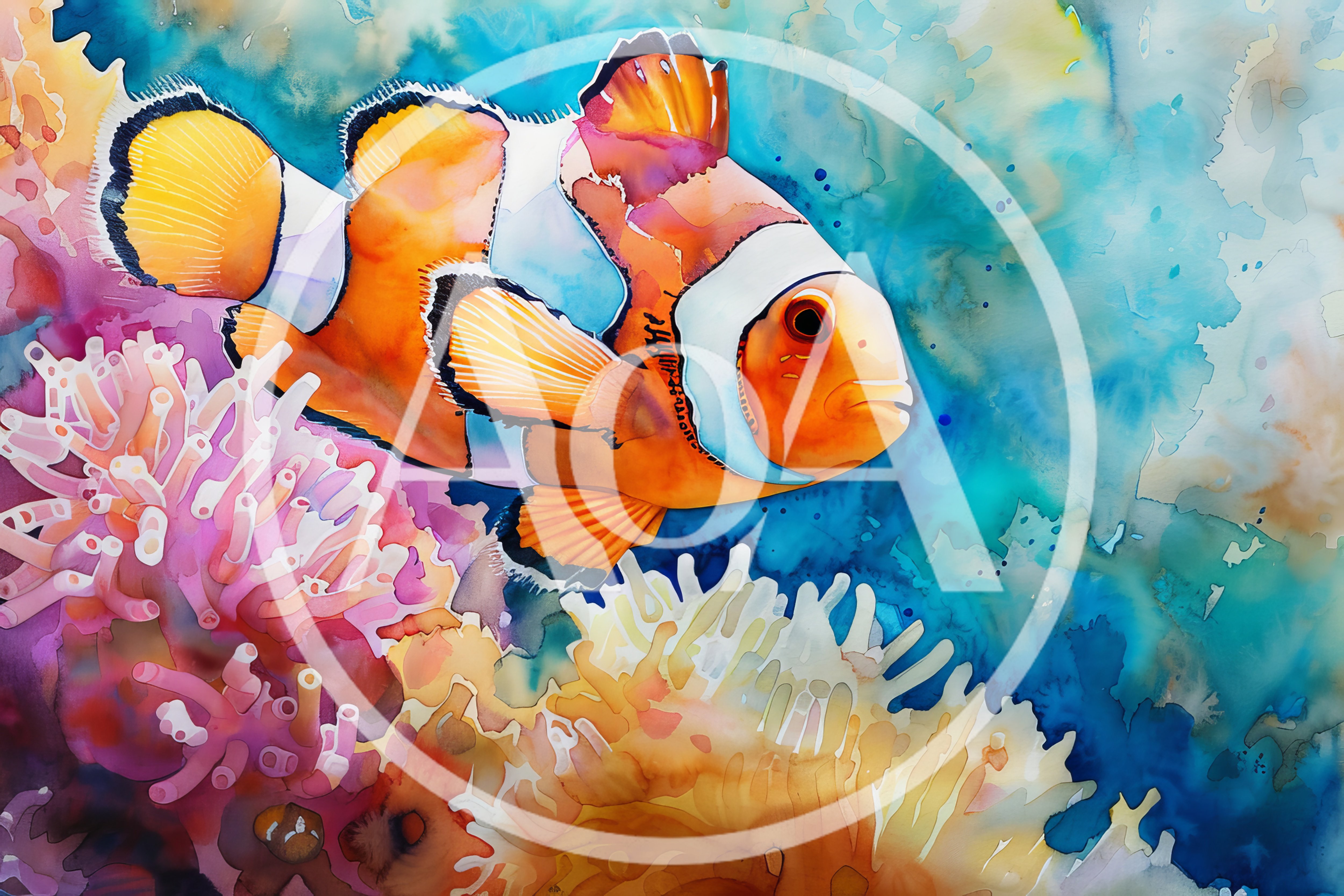 Watercolor Illustration Of A Clownfish In Coral Reef