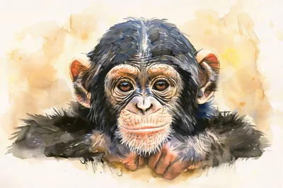 Watercolor Portrait Of A Young Chimpanzee