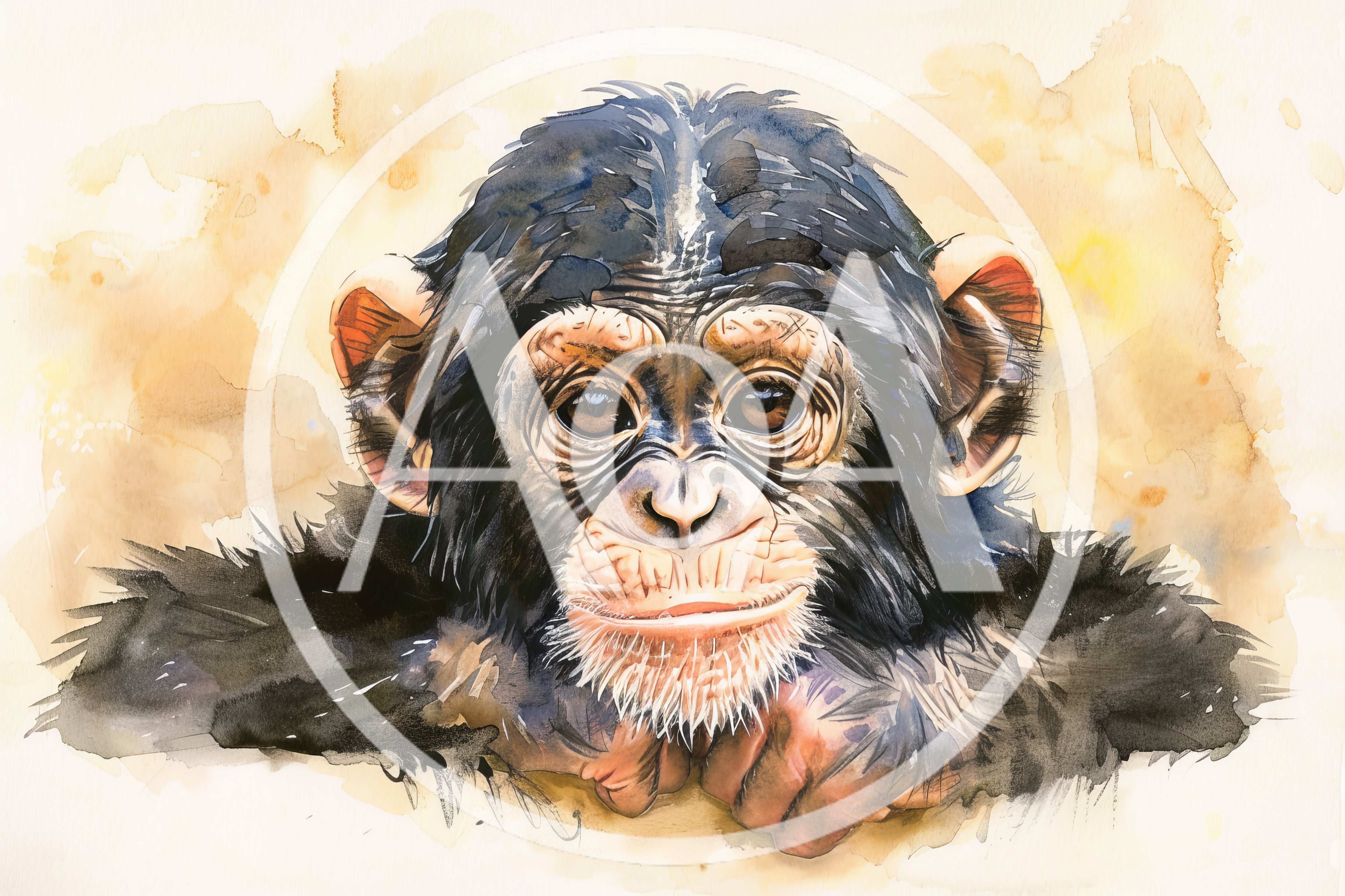 Watercolor Portrait Of A Young Chimpanzee