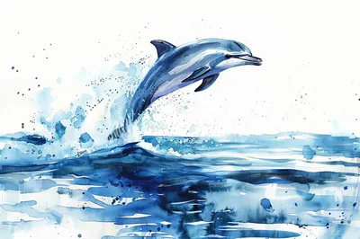Watercolor Illustration Of A Dolphin Leaping From Ocean Waves