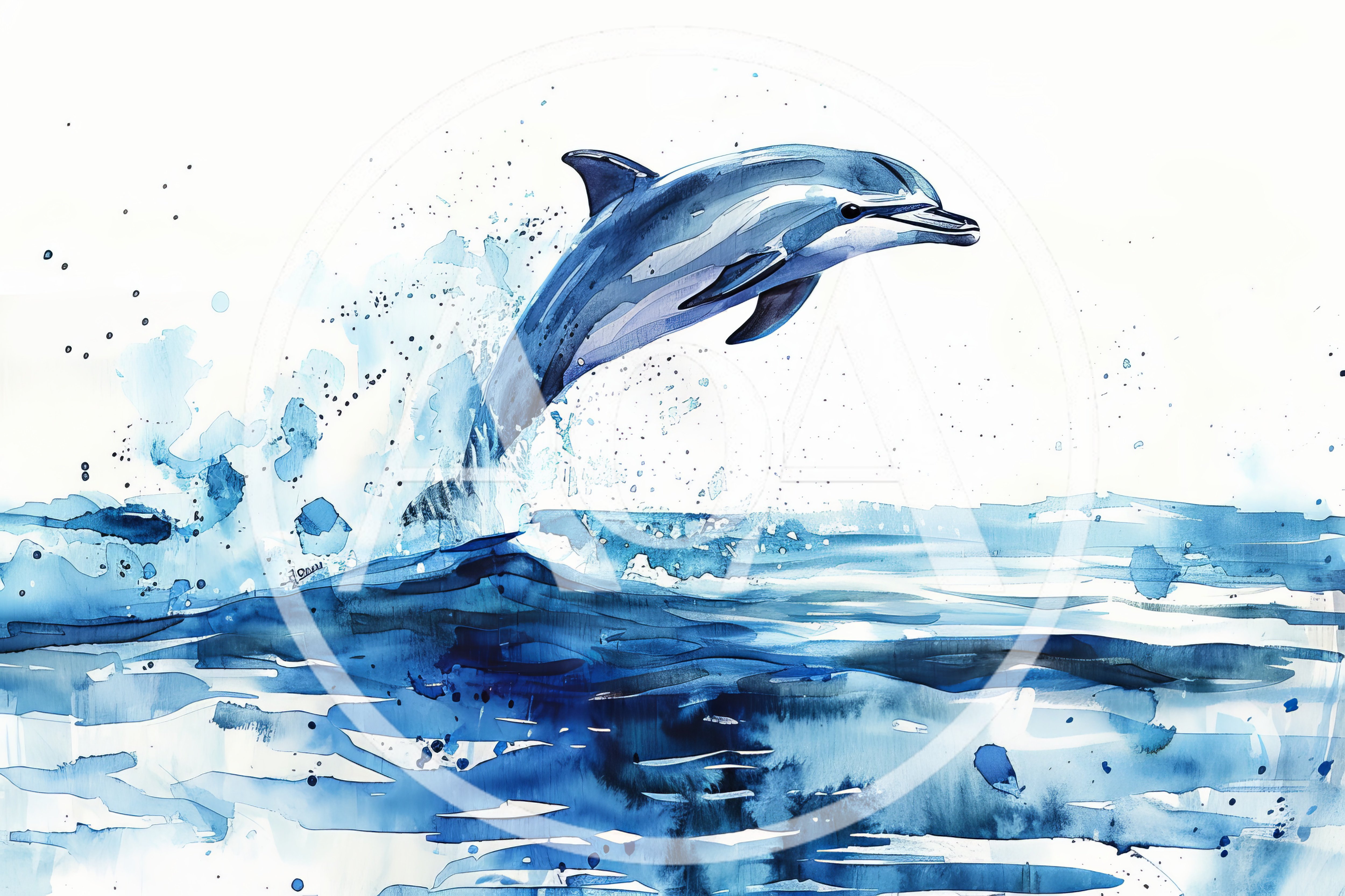 Watercolor Illustration Of A Dolphin Leaping From Ocean Waves