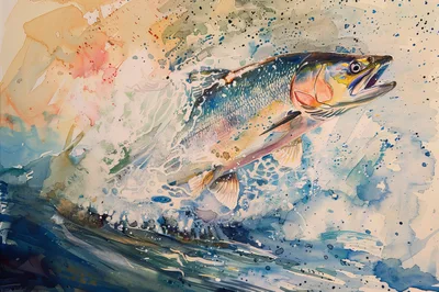 Watercolor Painting Of A Jumping Rainbow Trout