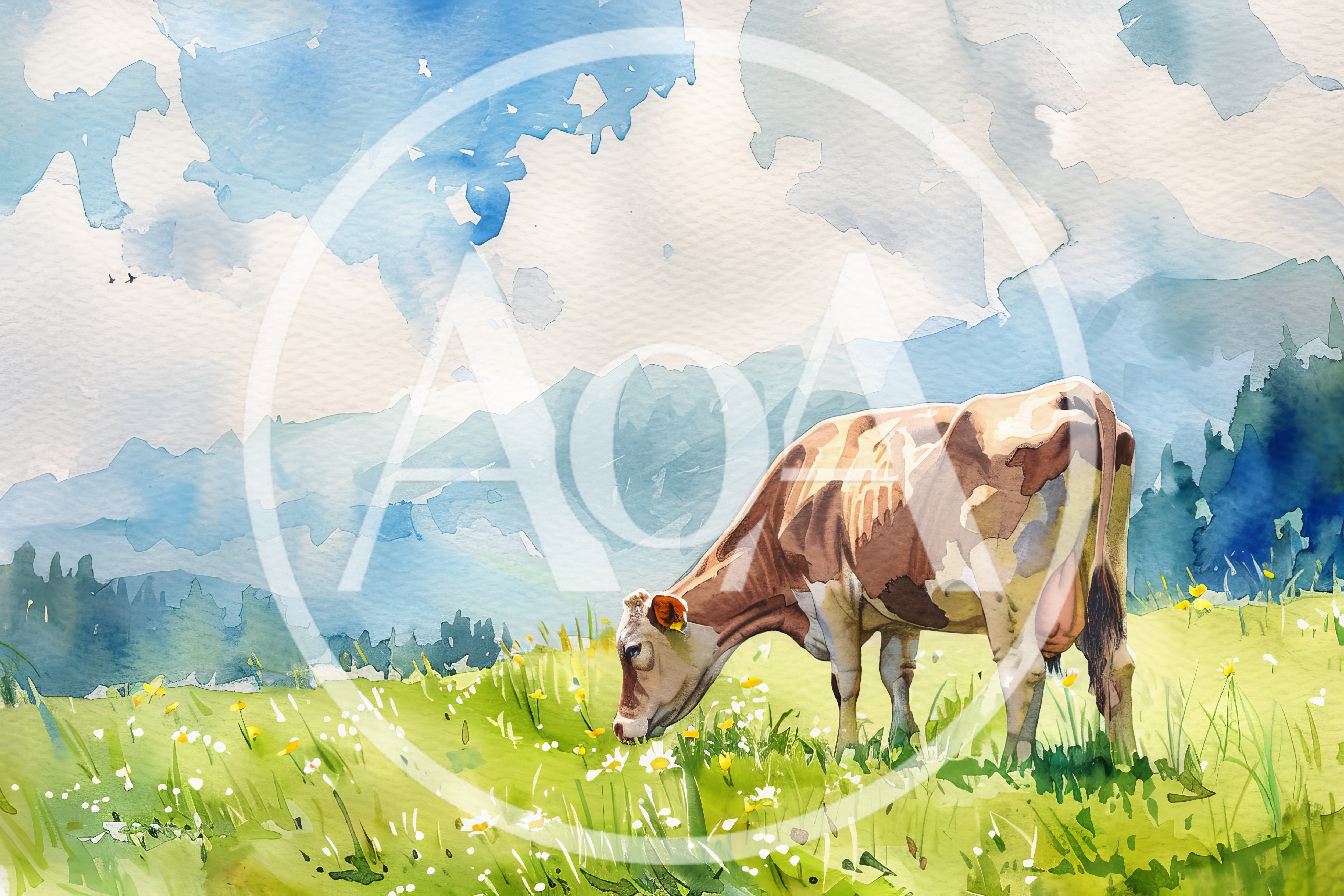 Watercolor Painting Of A Cow Grazing In Alpine Meadow