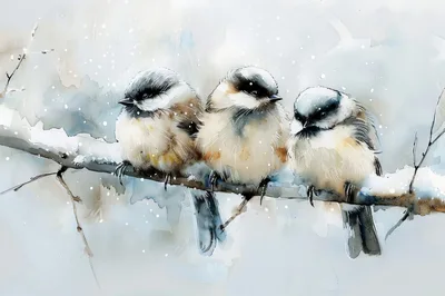 Three Chickadees Perched On A Snowy Branch
