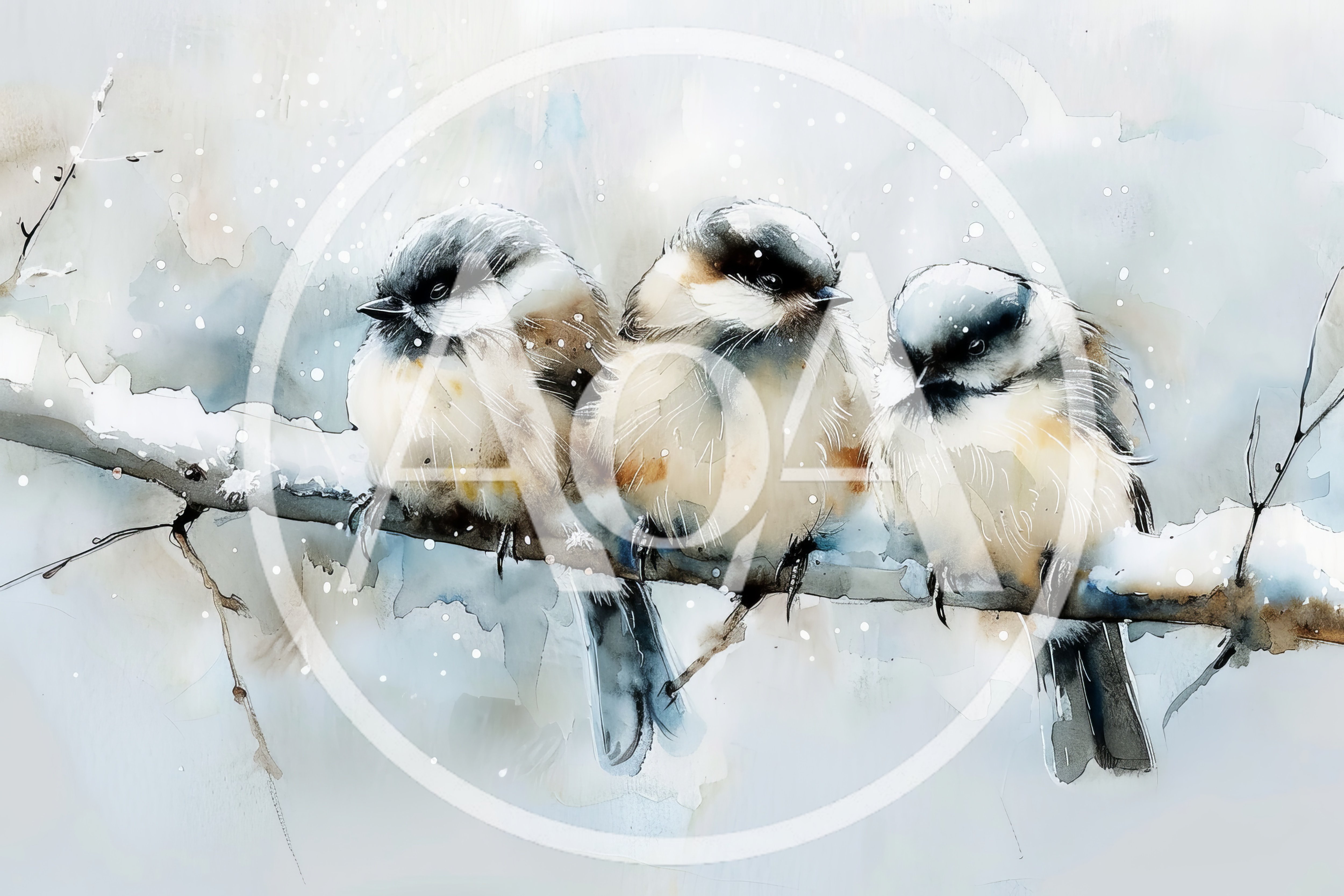 Three Chickadees Perched On A Snowy Branch