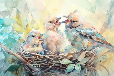 Watercolor Illustration Of Three Baby Birds In Nest