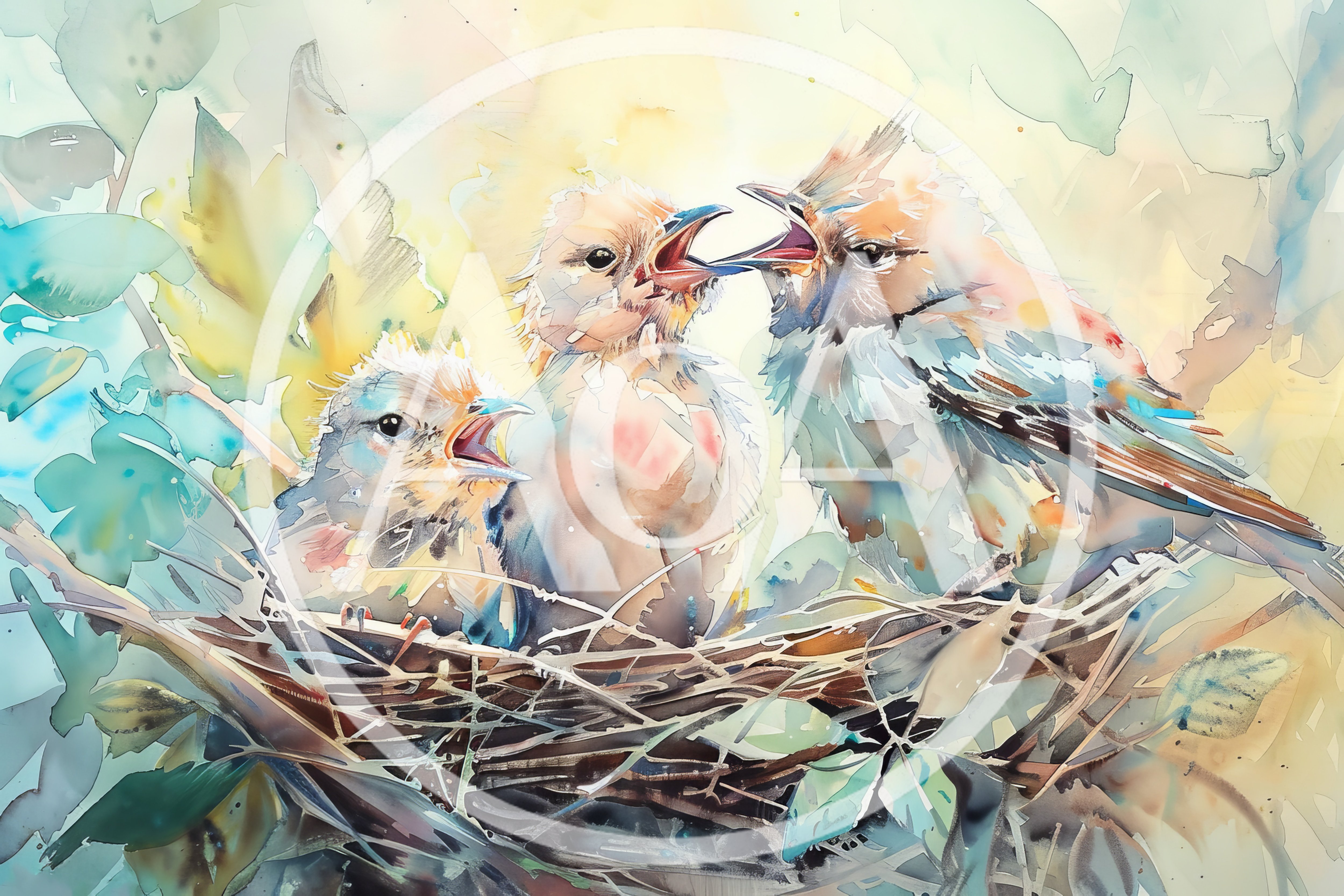 Watercolor Illustration Of Three Baby Birds In Nest