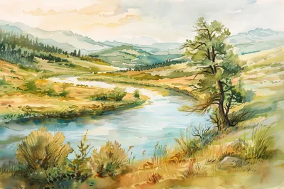 Watercolor Landscape Painting Of A Winding River Valley