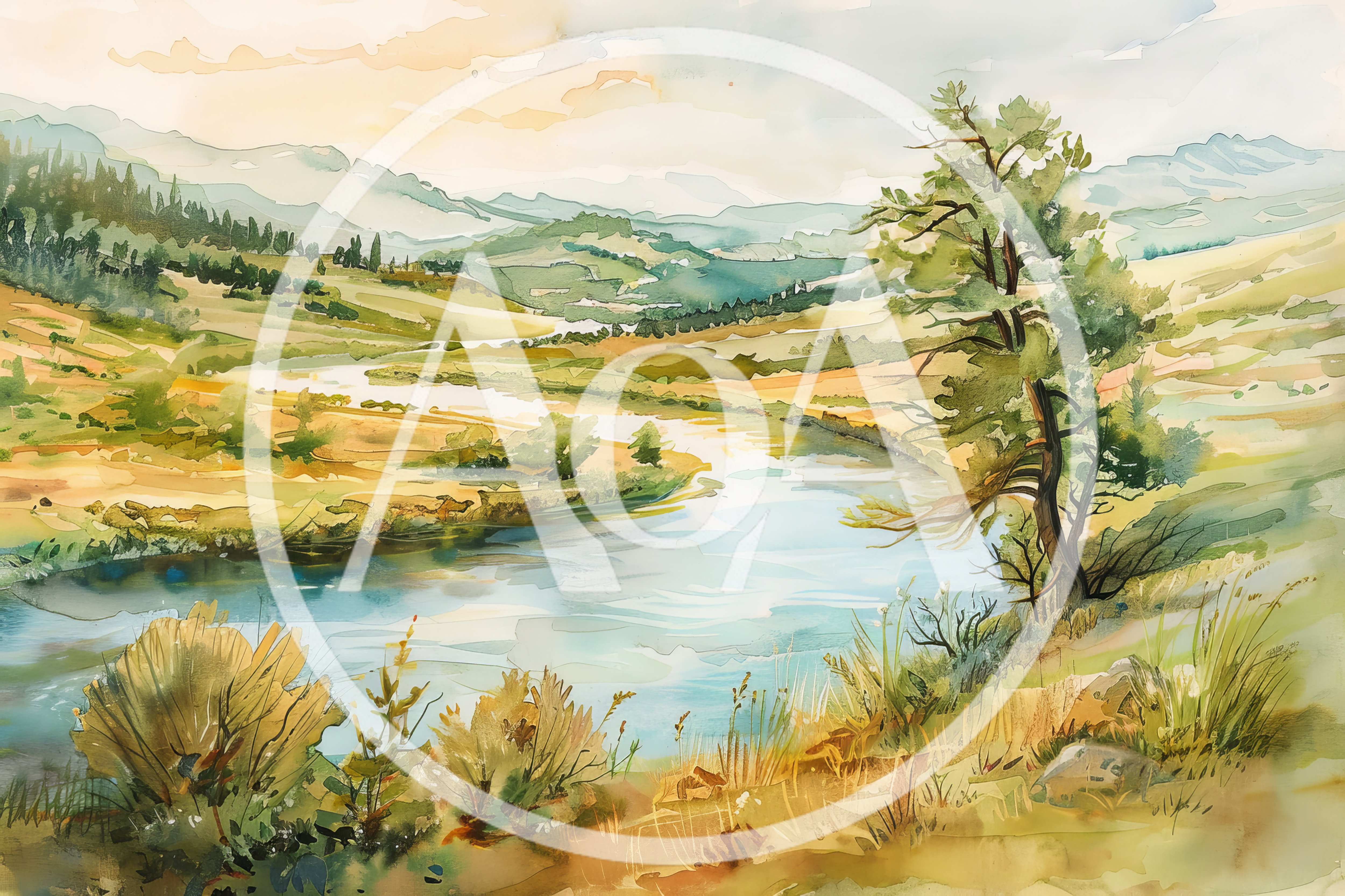 Watercolor Landscape Painting Of A Winding River Valley