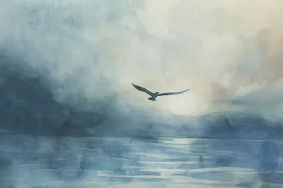 Watercolor Painting Of A Bird Flying Over Water